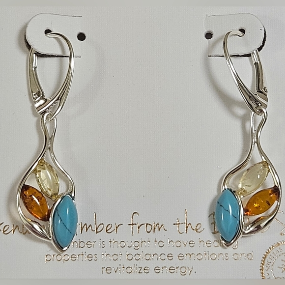 MIDWEST AMBER STERLING SILVER BALTIC AMBER POLAND 1.5" TURQUOISE EARRINGS NIB - Picture 1 of 7